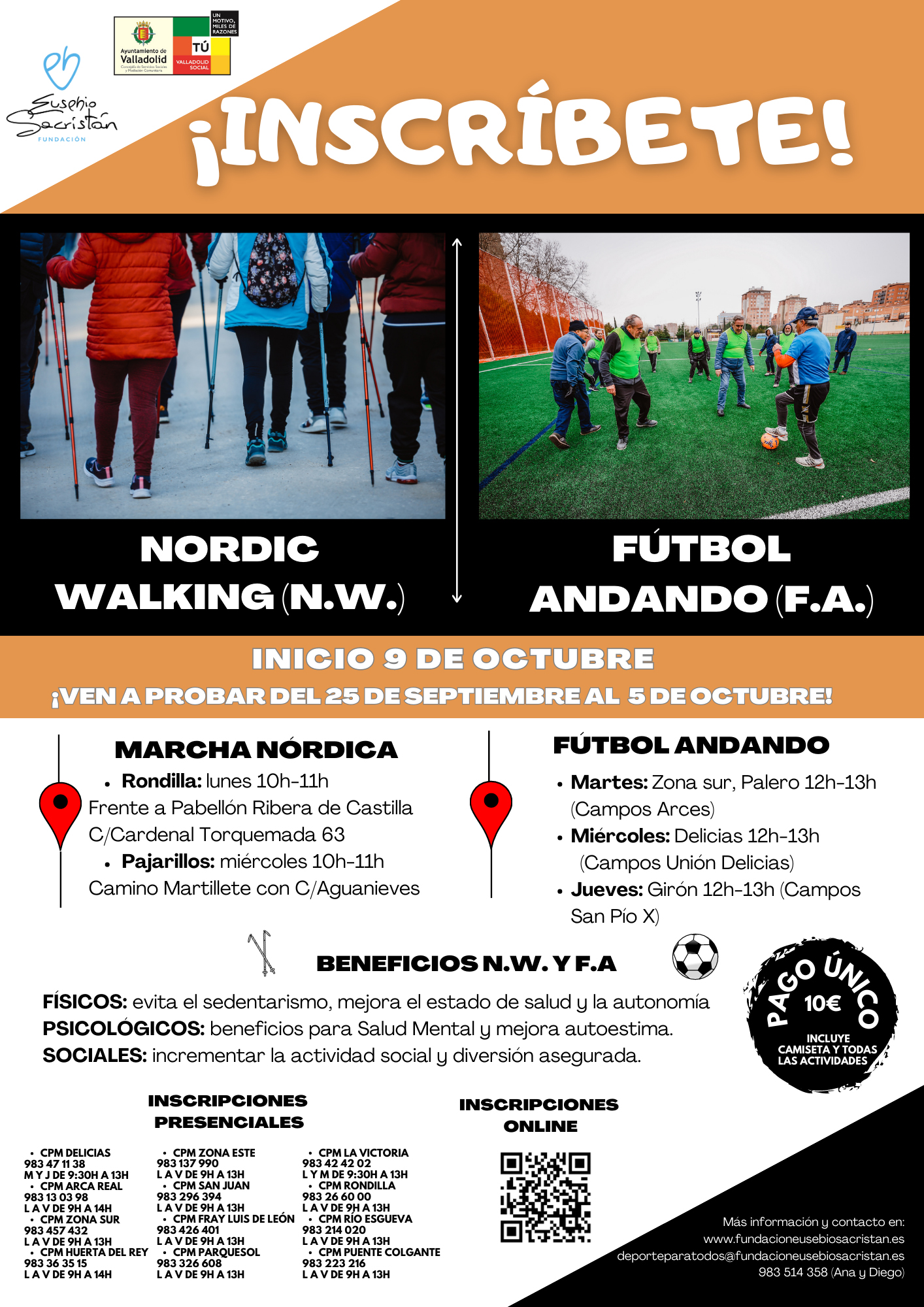 Cartel de la Marcha Nórdica y el Fútbol Andando, para que veas los puntos de inscripciones presenciales y los beneficios que aportan estos dos deportes.